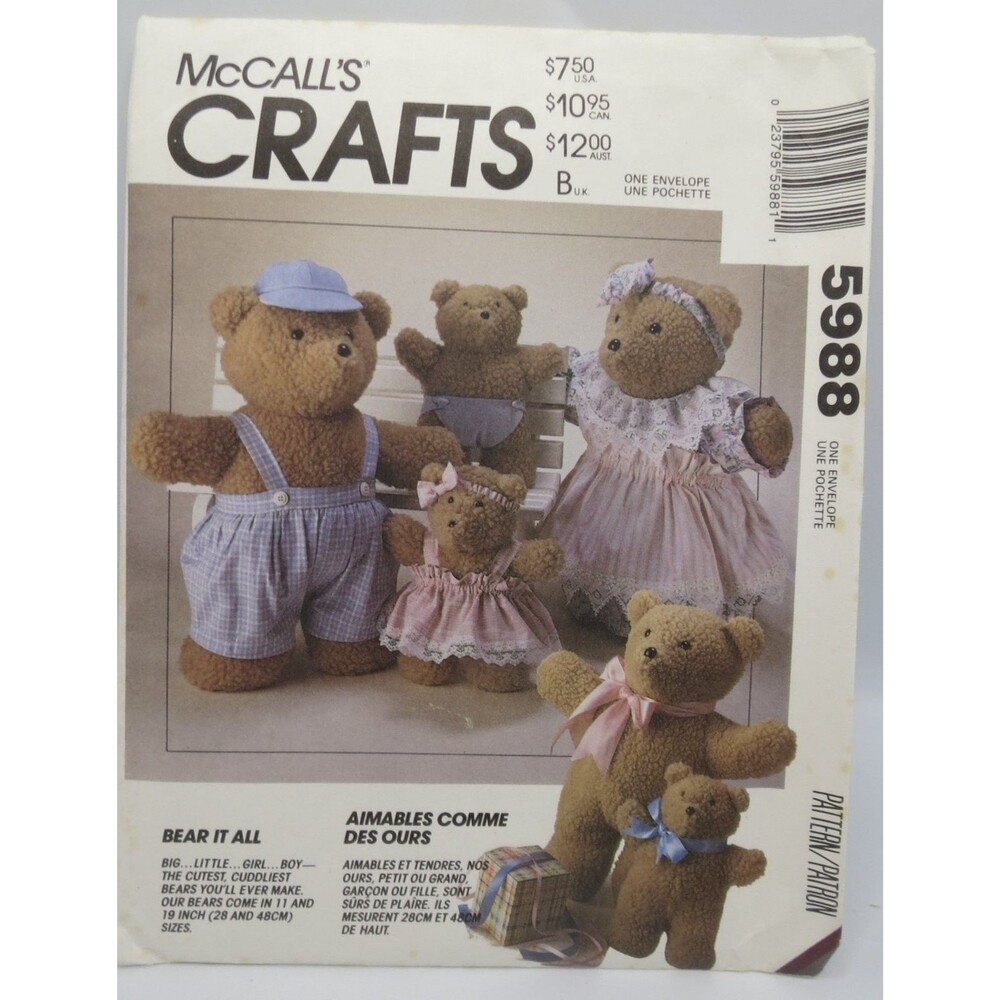McCall's 5988 Teddy Bear Dolls & Clothes 11" 19" Vintage 1992 Craft Pattern